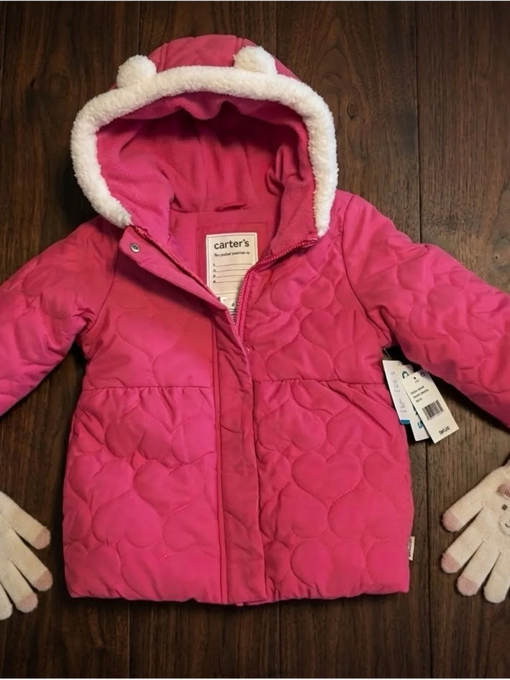 Carter's Girls 6 Pink Quilted Heart Hooded Puffer Coat NWT